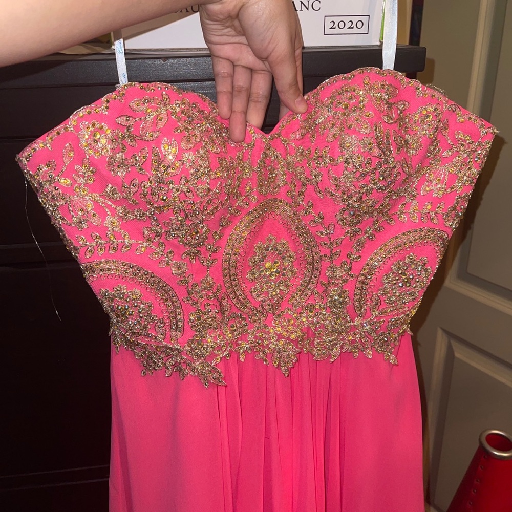 Camille La Vie Long Pink and Gold Metallic Formal Dress
